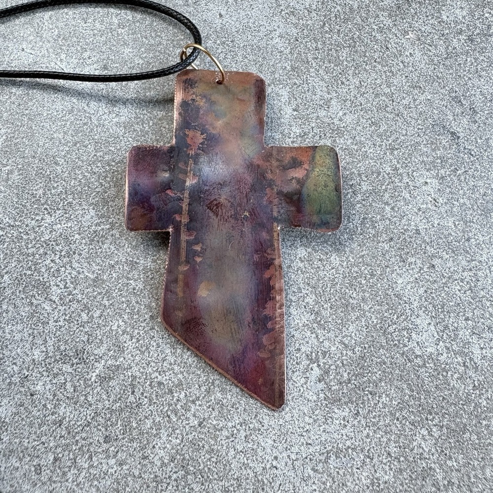 Copper Cross Pendant Multi Color Flame Painted Handmade Unique
